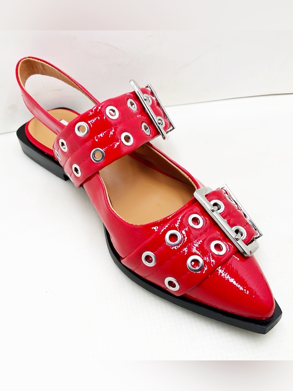 {Steve Madden} Graya Red Patent Studded Buckle Slingback Flats - Picture 7 of 16